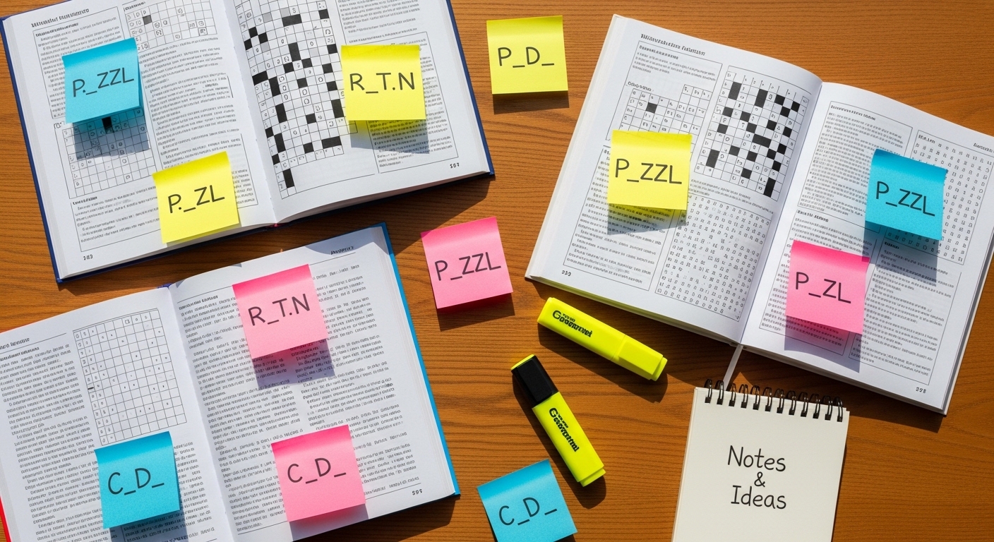 Overhead view of word puzzle books and notes on desk