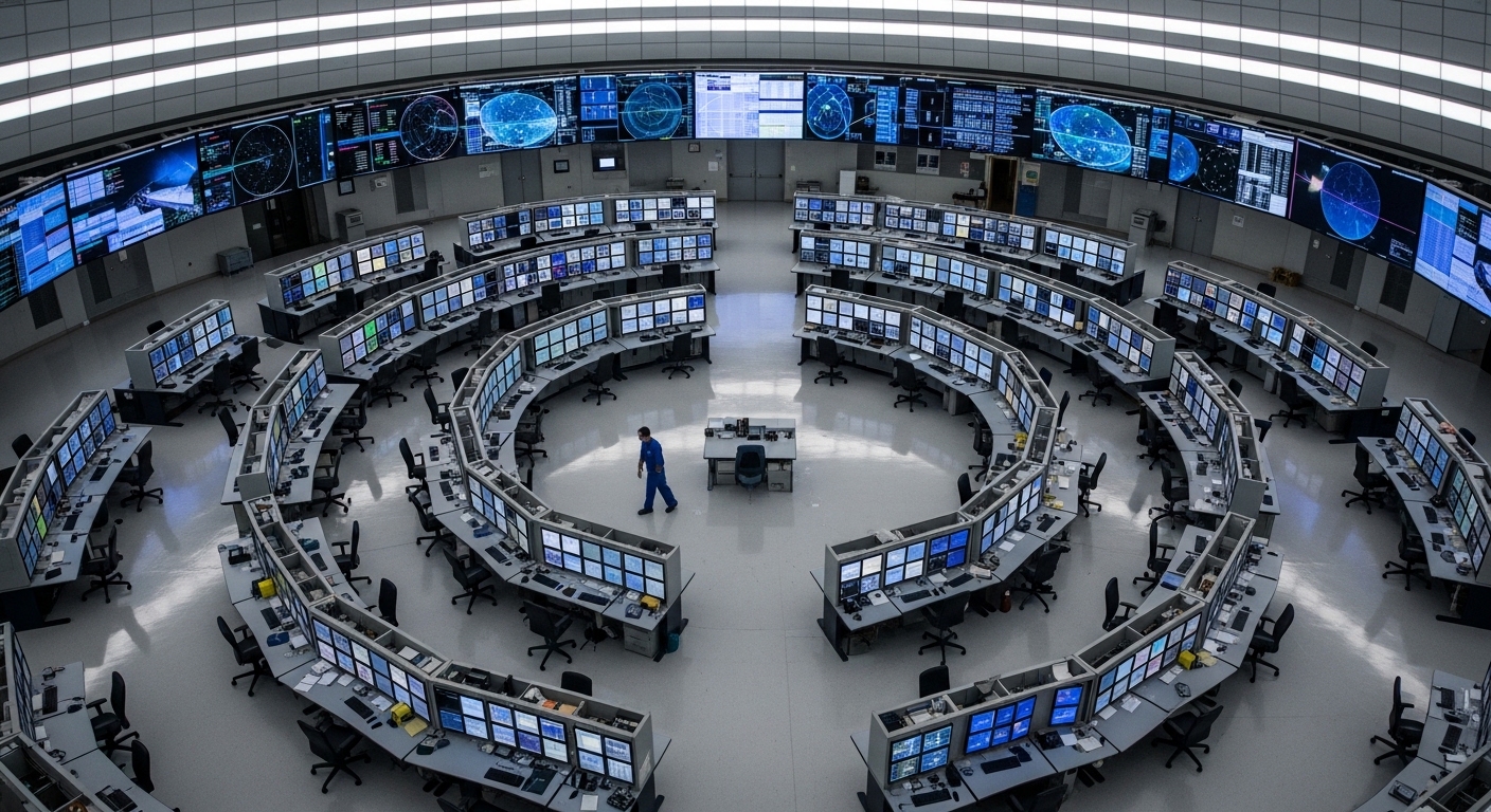 Overhead view of empty mission control room