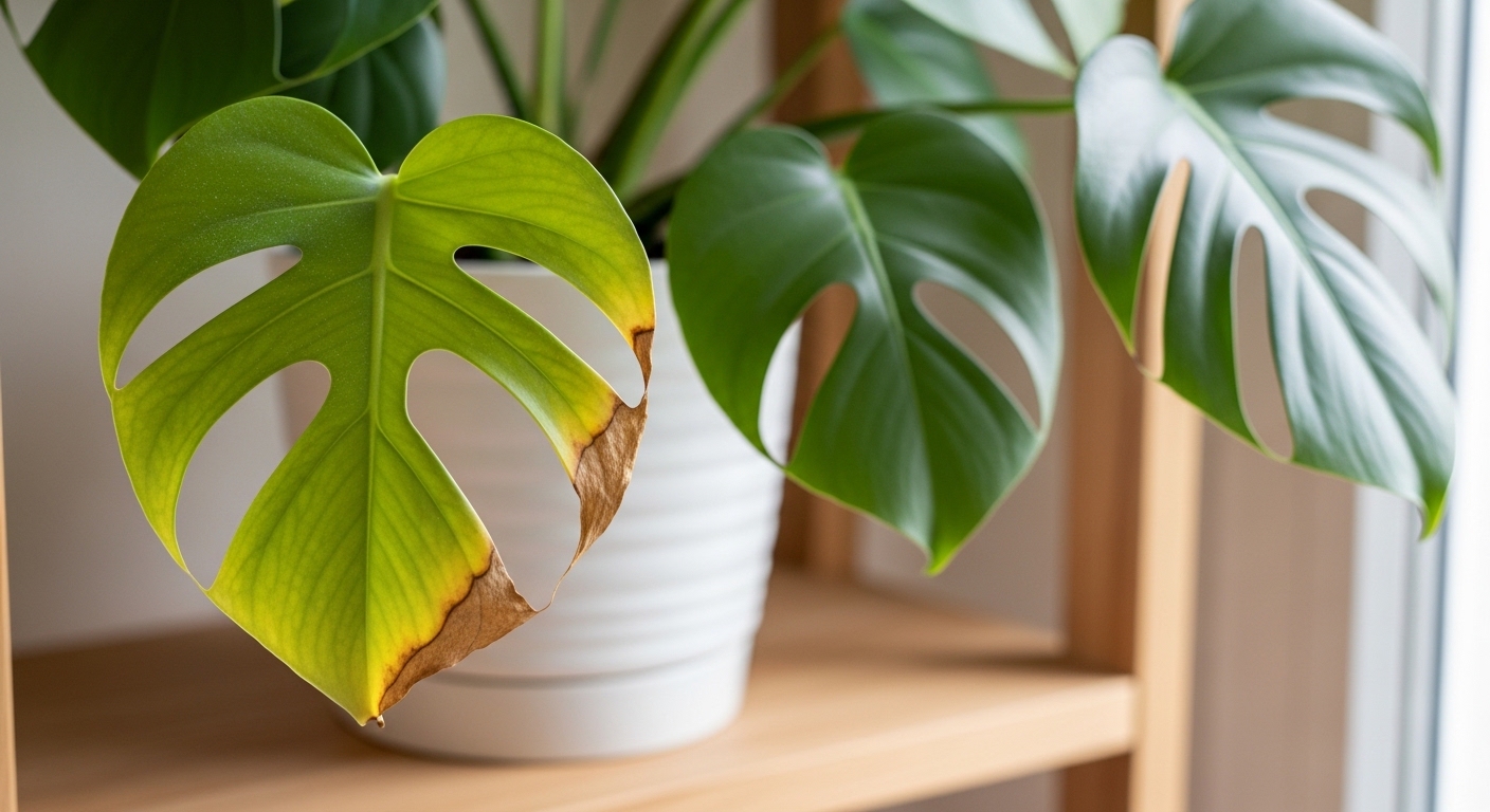 Monstera deliciosa leaf showing yellowing and brown tip stress signs