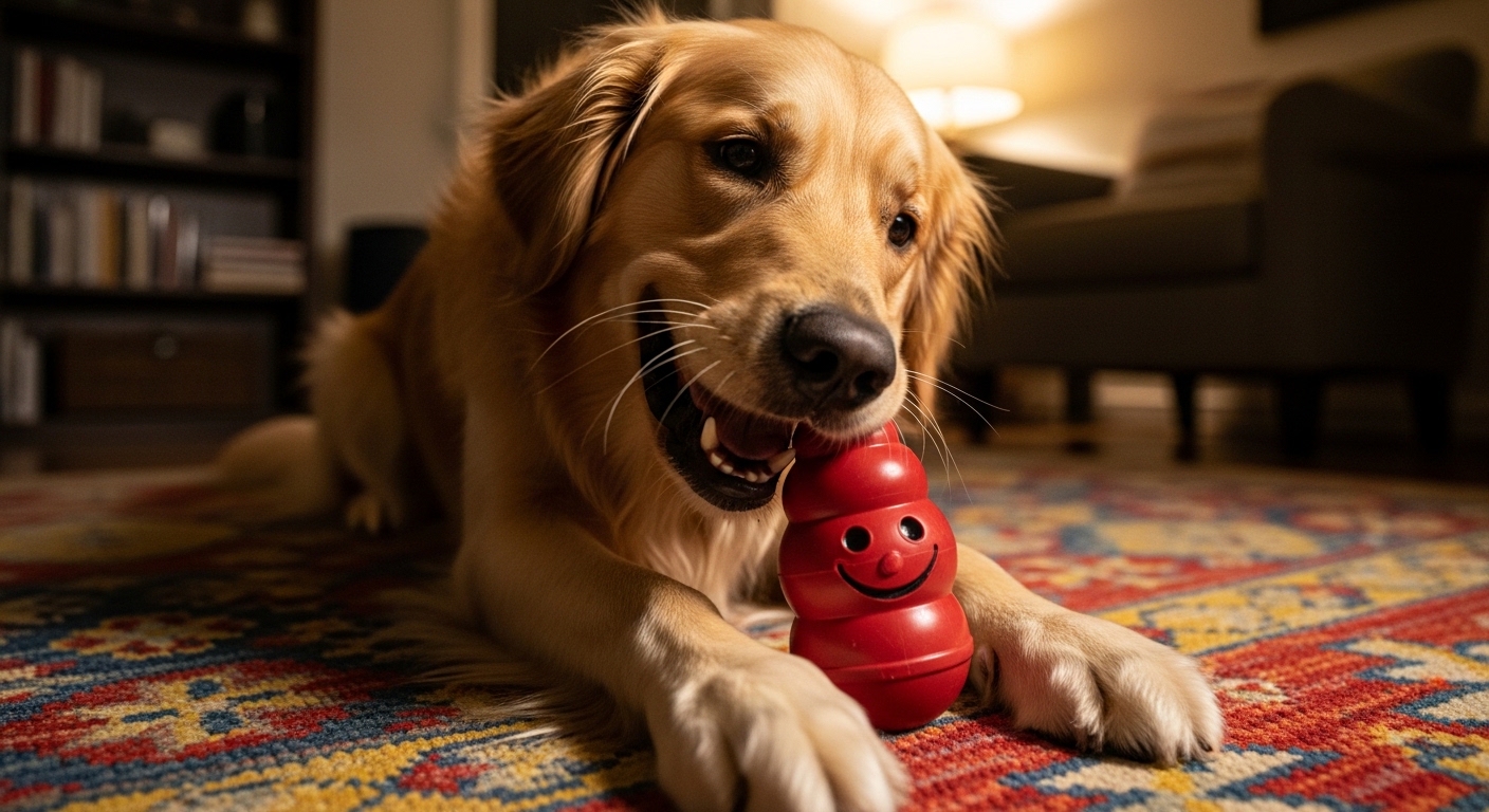 dog playing with Kong enrichment toy on living room rug
