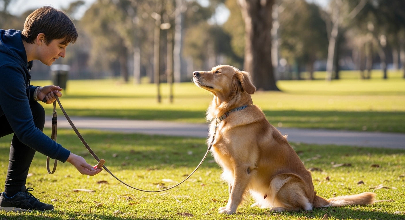 owner training dog with leave it command in park