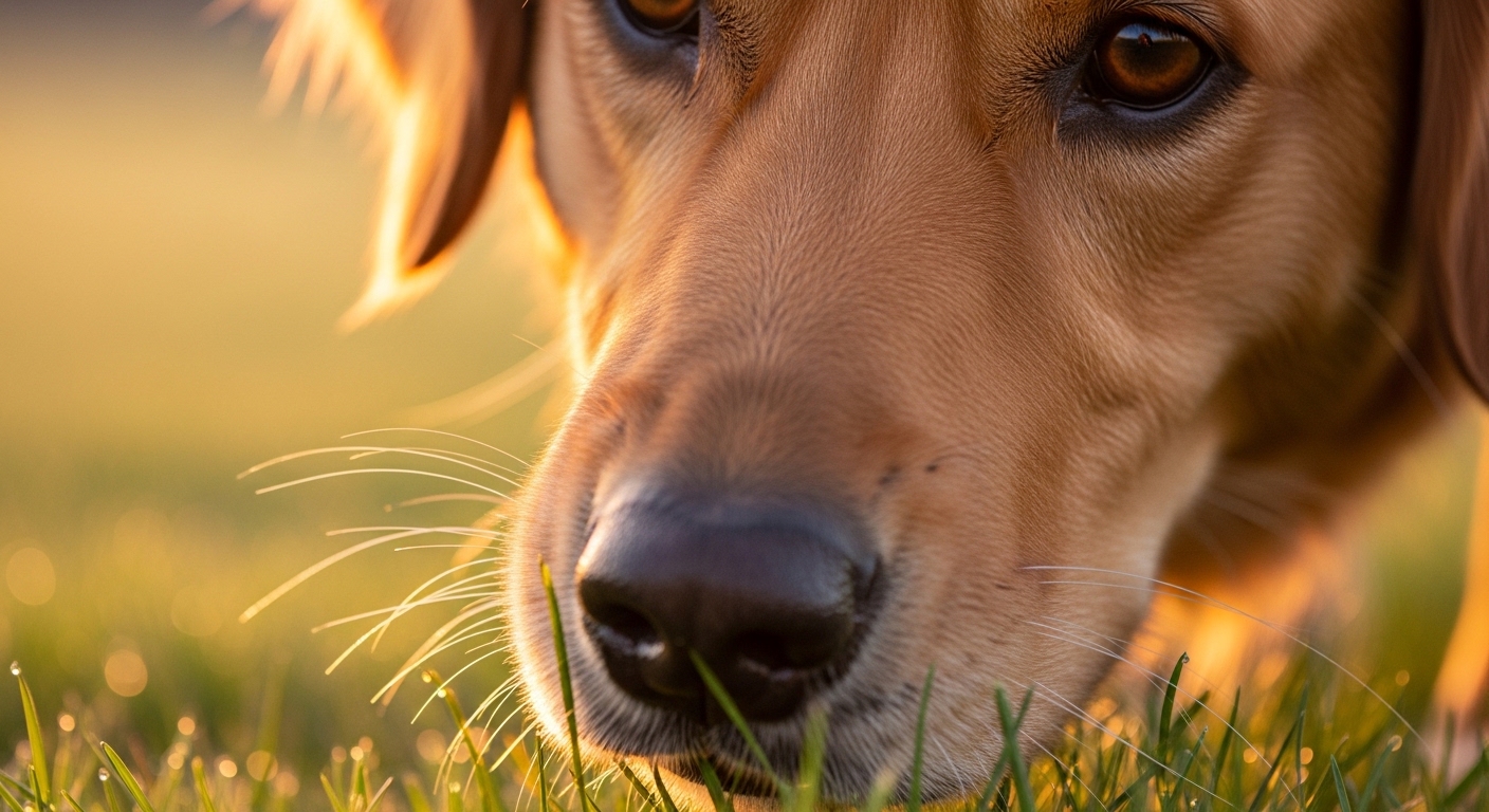 curious dog sniffing grass in golden hour light