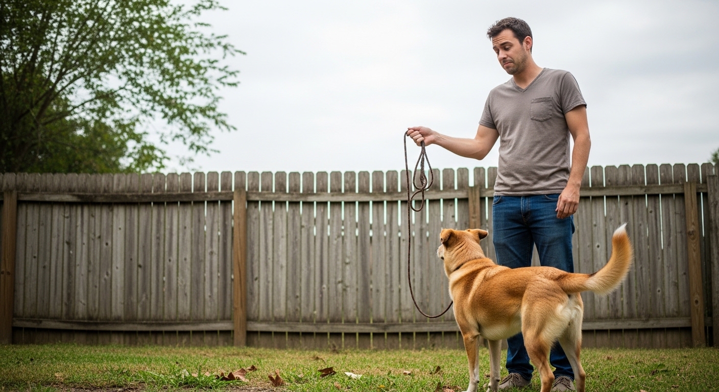 frustrated owner with dog on leash in backyard
