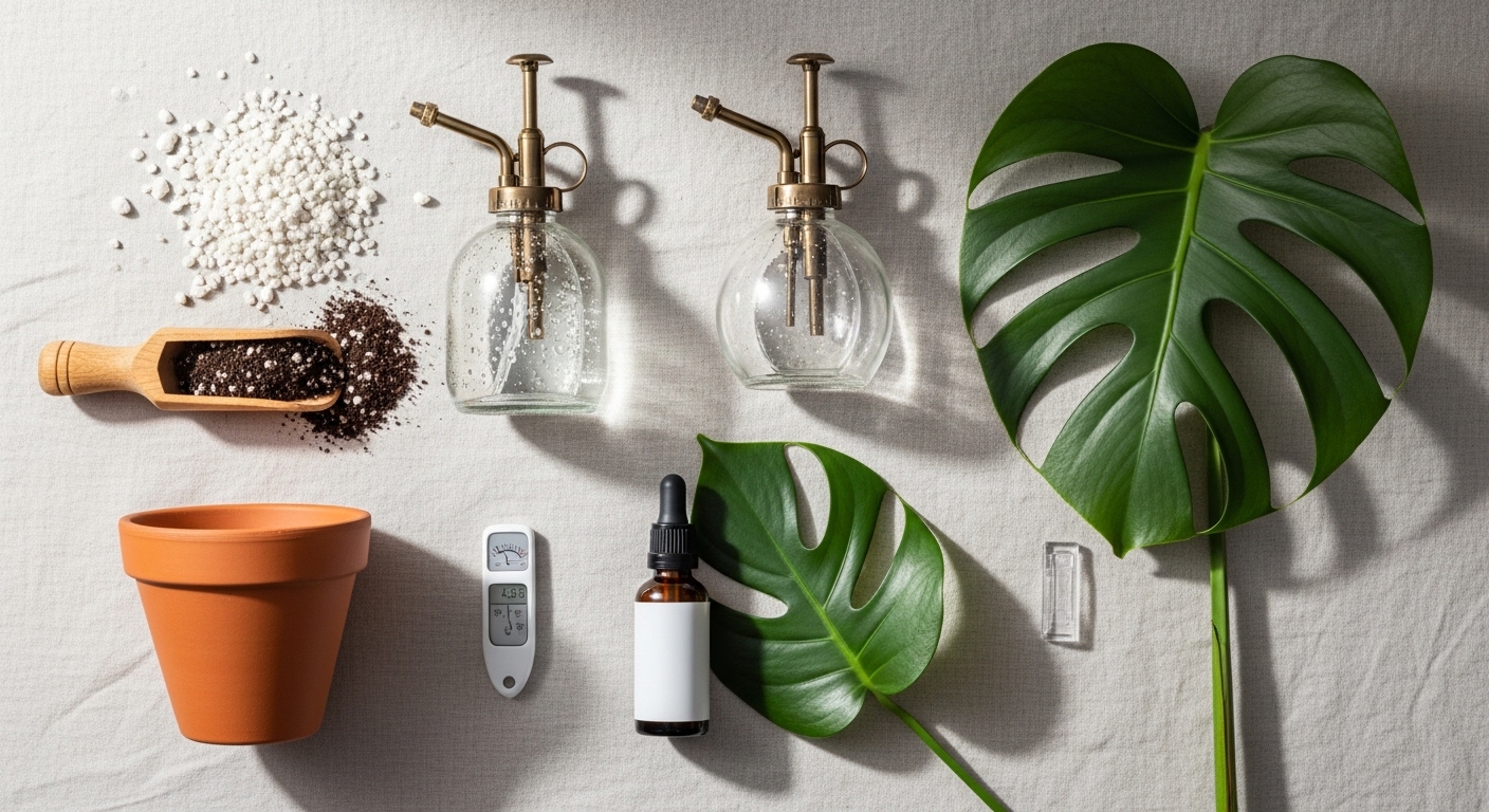 Monstera care tools flat lay with leaf, soil, perlite, and spray bottle
