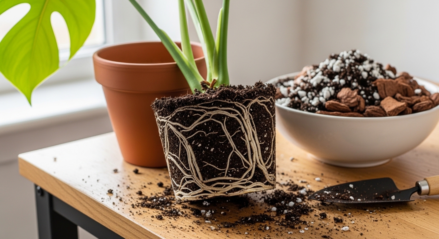Monstera deliciosa root ball during repotting with soil mix visible