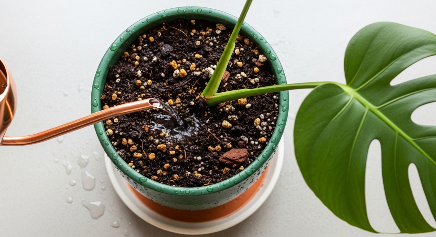 Watering monstera deliciosa from above with copper watering can