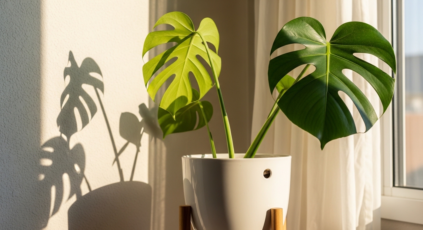 Monstera deliciosa near diffused window light on wooden plant stand