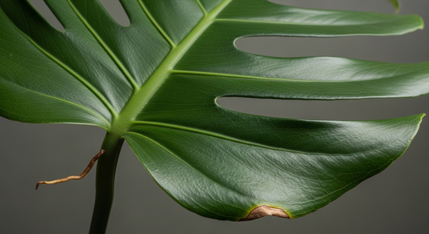 Close-up of monstera deliciosa leaf fenestrations and aerial root detail