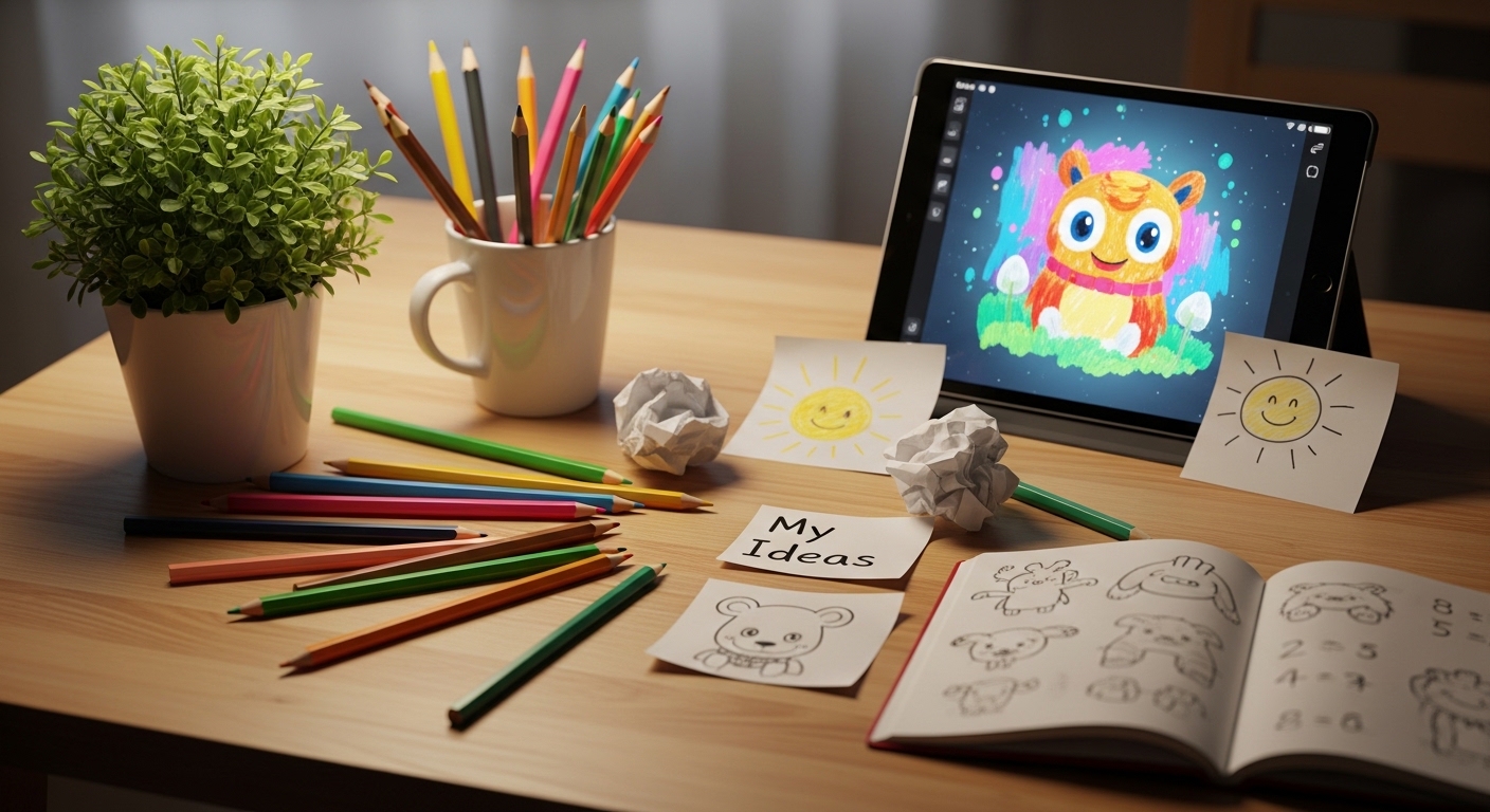 Escritorio infantil con mezcla de herramientas analógicas y digitales