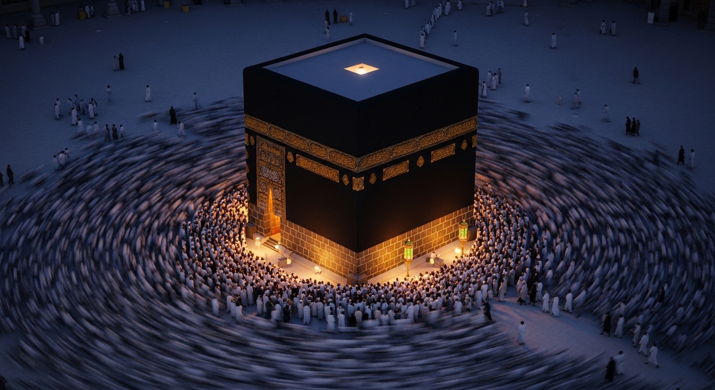 Aerial view of people circling a sacred structure at night
