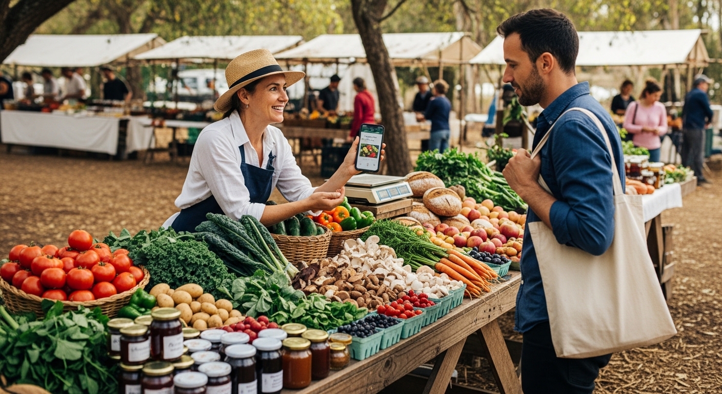 Vendedor mostrando móvil a cliente en mercado rural