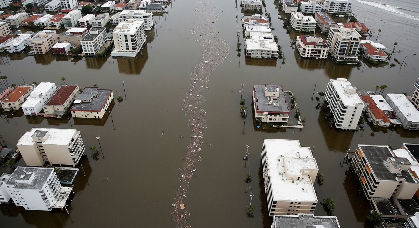 Vista aérea de cidade costeira inundada por chuvas intensas
