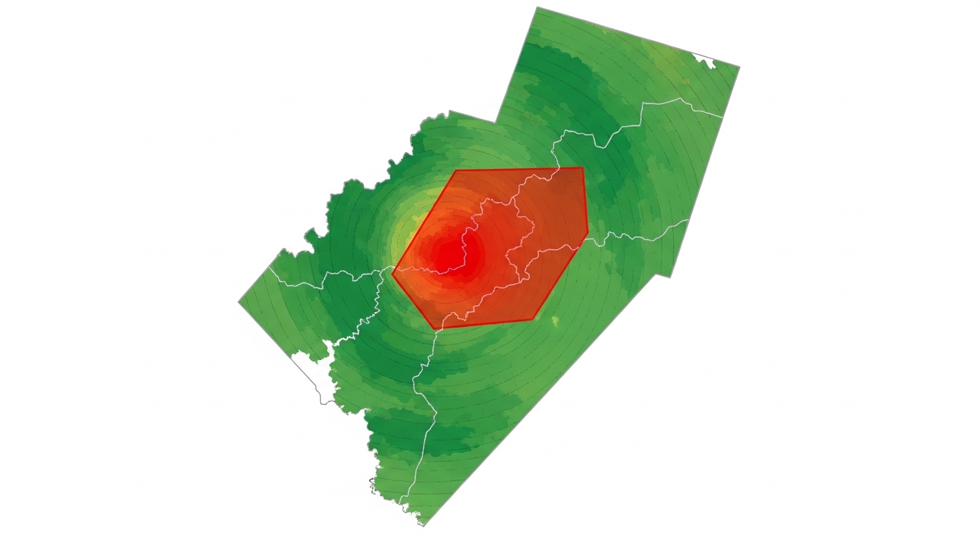Weather radar map showing polygon warning zone overlay