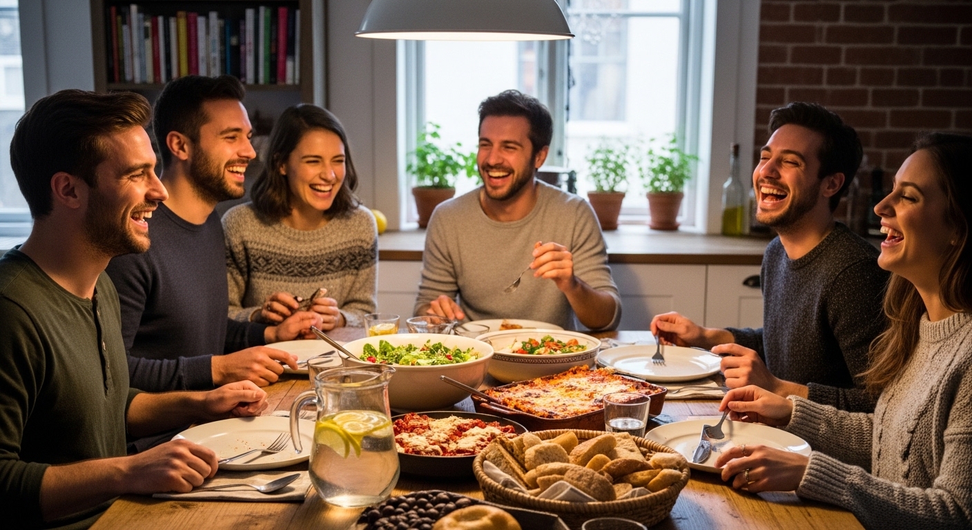 Freunde lachen gemeinsam beim selbst gekochten Abendessen