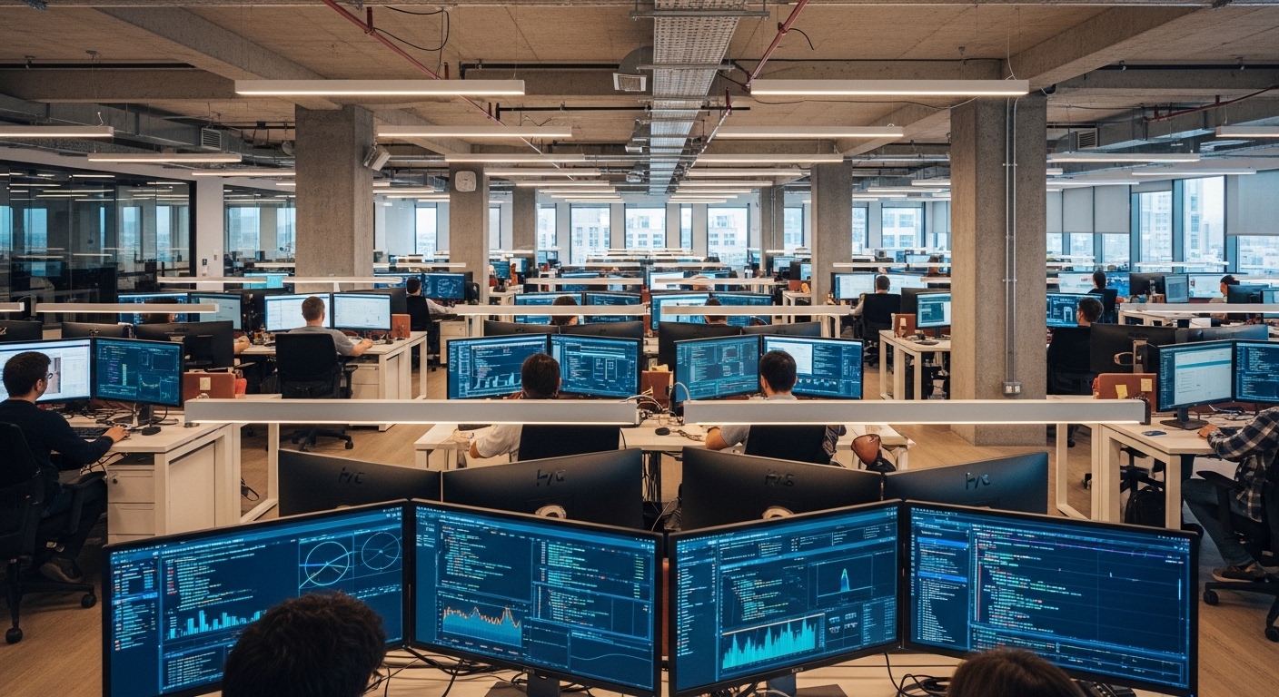 Tech office with data dashboards on monitors