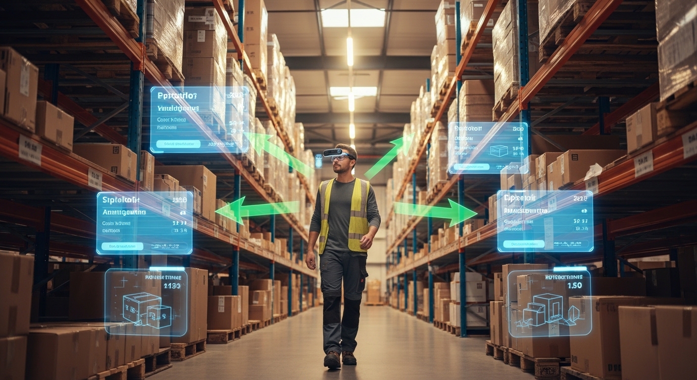Warehouse worker using AR glasses for inventory