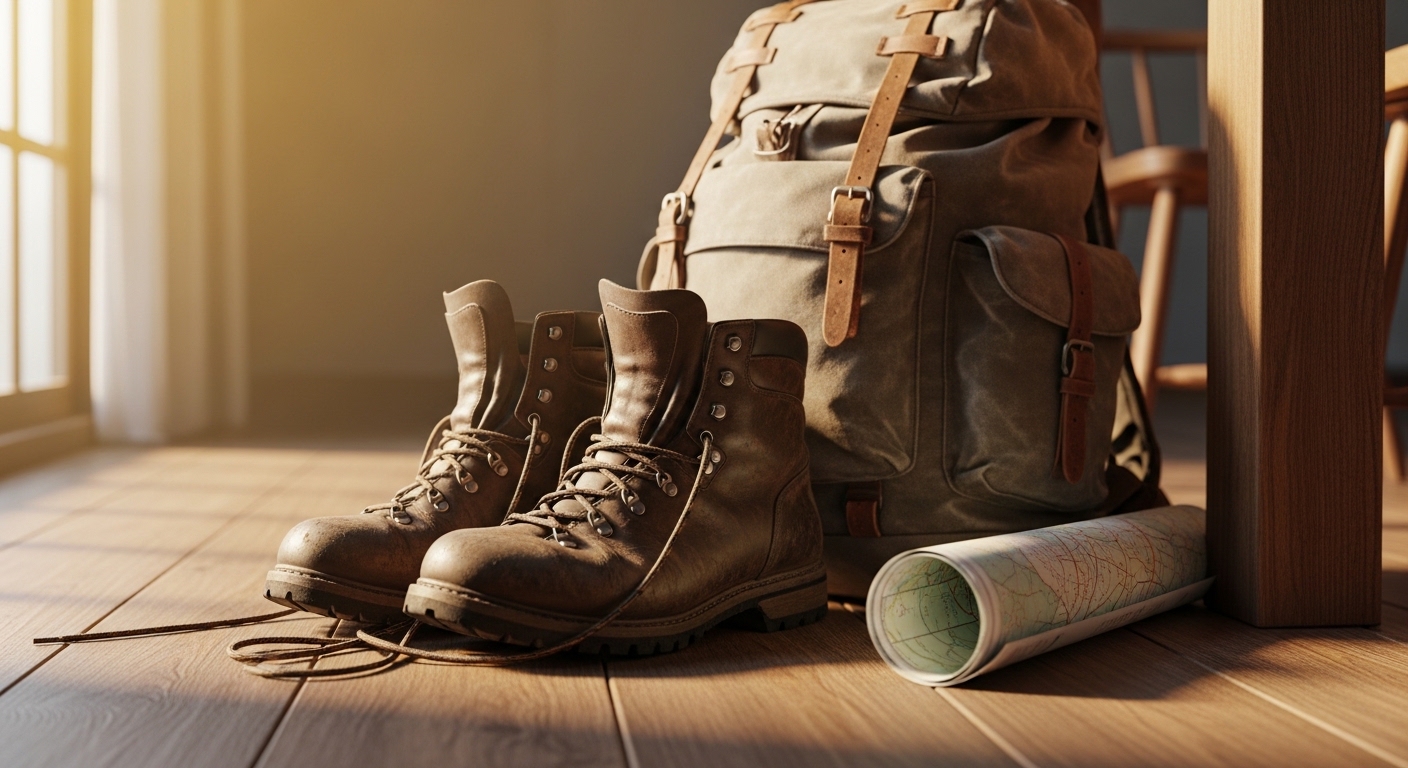 Wanderschuhe und Rucksack bereit für Solo-Abenteuer