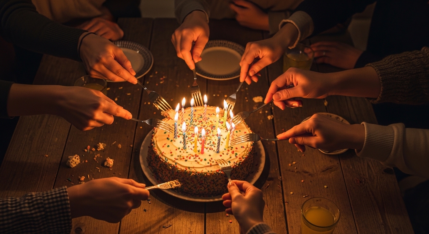 Gruppe feiert Geburtstag mit Kerzen auf Kuchen