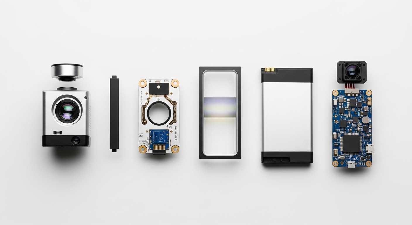 AR glasses components disassembled overhead view