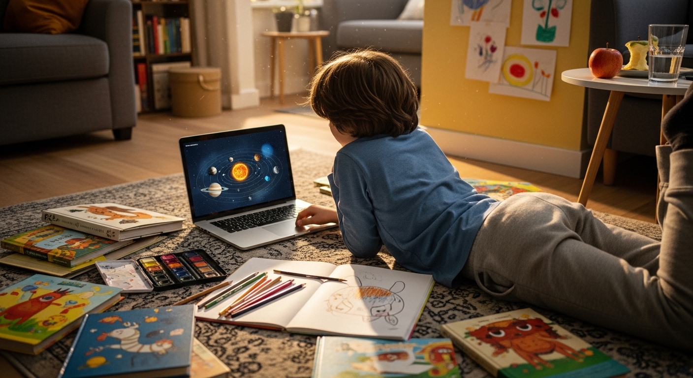 Niño aprendiendo en casa con laptop y materiales creativos