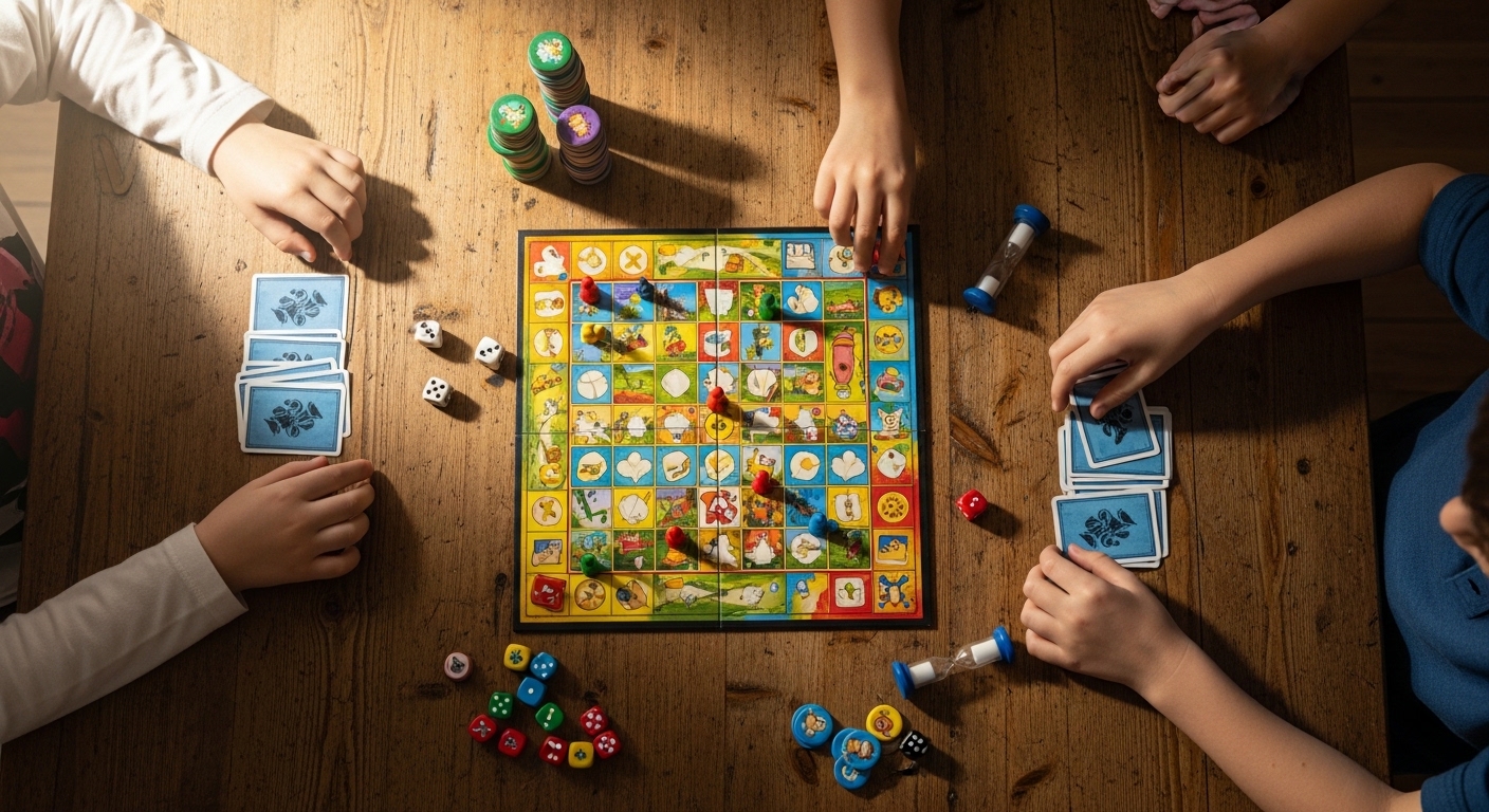 Niños jugando juego de mesa desde perspectiva cenital