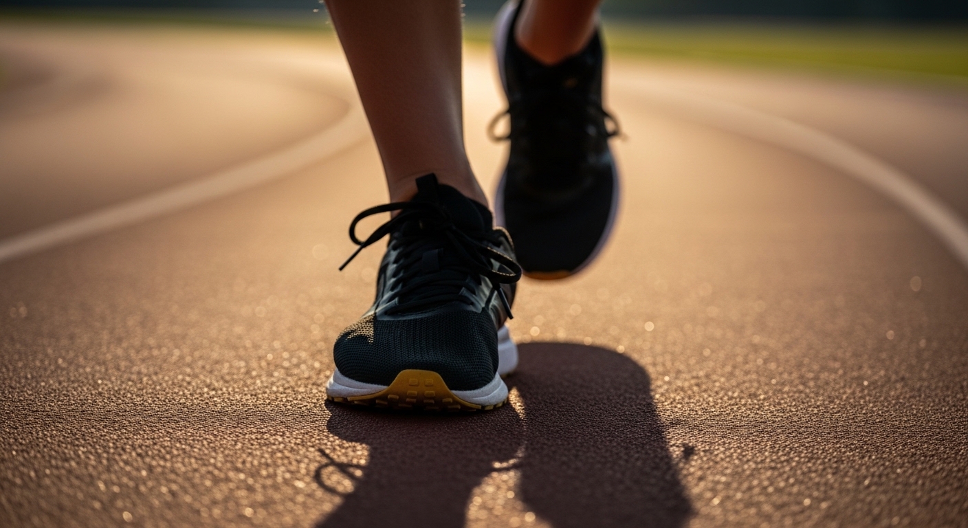 Close-up of foot stepping on curved running track