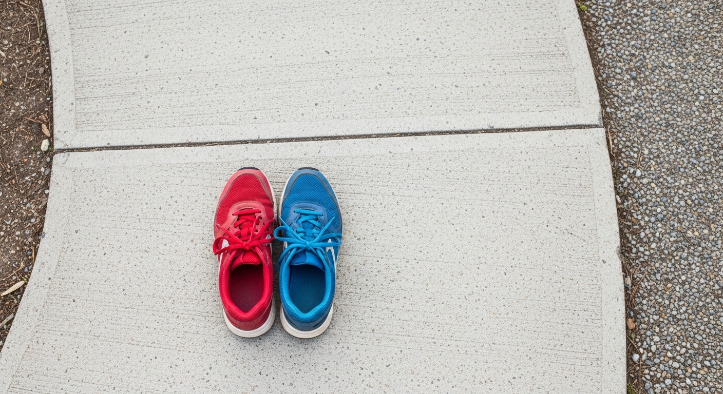 Overhead view of athletic shoes on a curved path