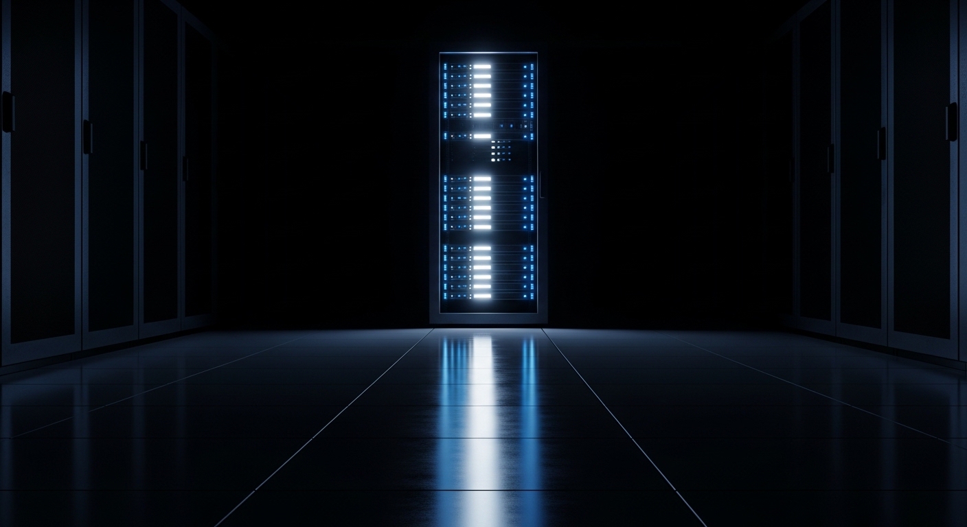 Glowing server rack in dark data center