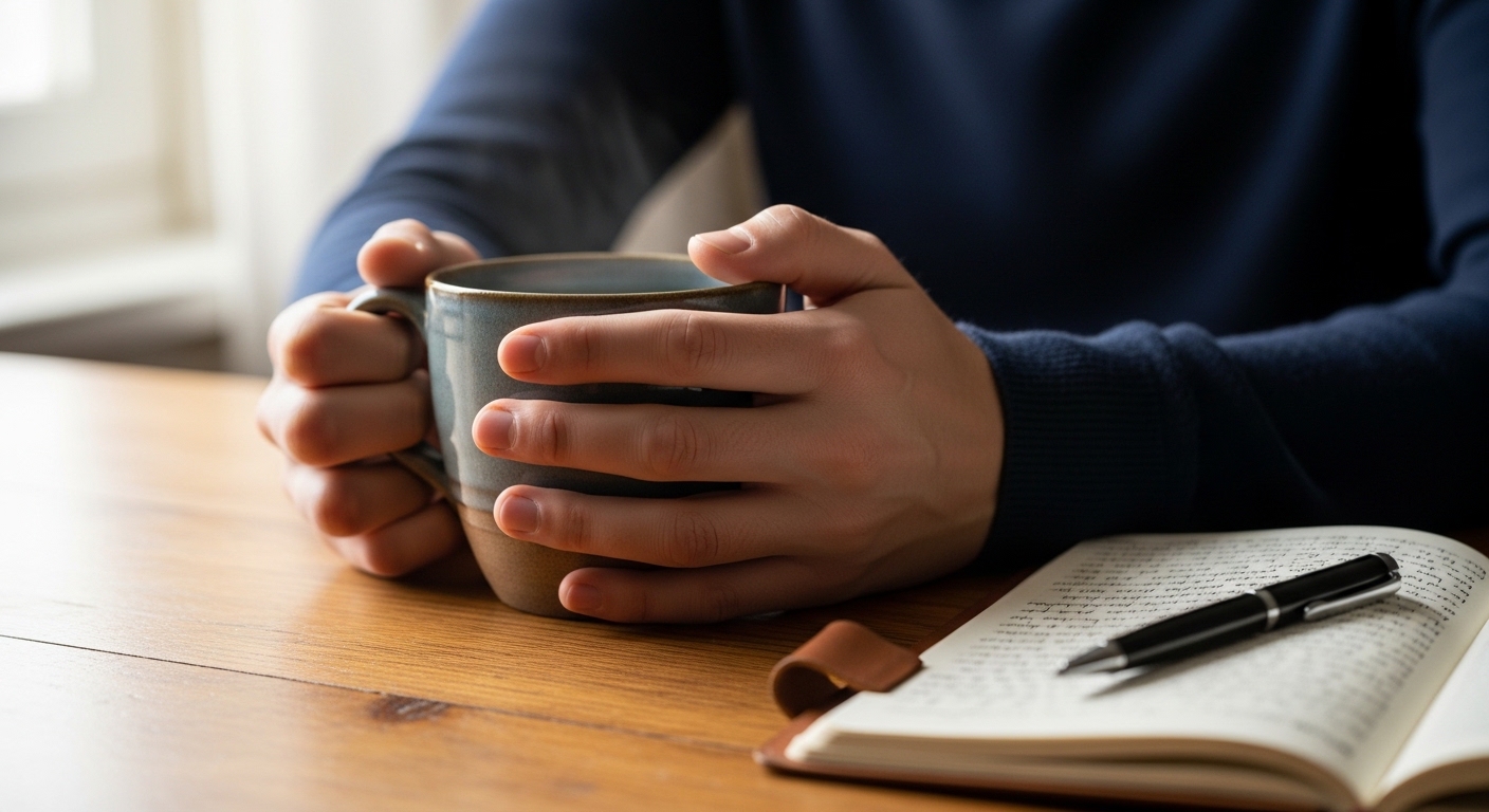 Hände halten Kaffeetasse neben Tagebuch auf Holztisch