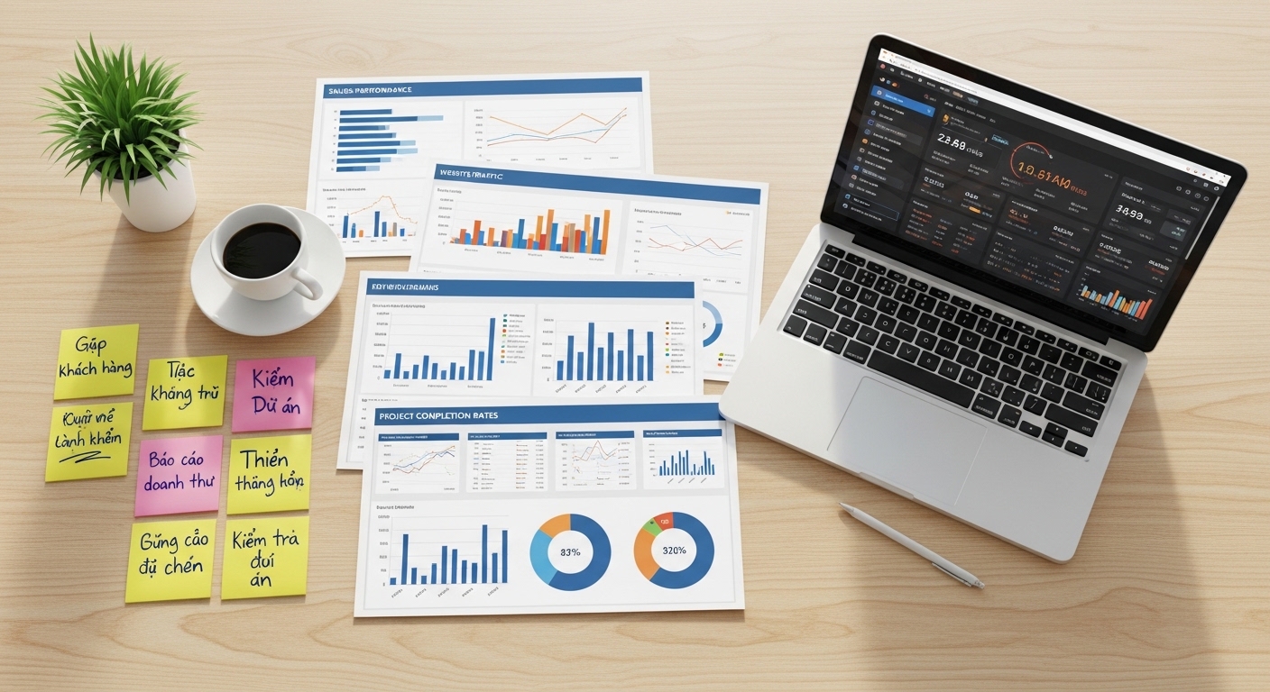 Bàn làm việc với các chỉ số KPI và dashboard AI
