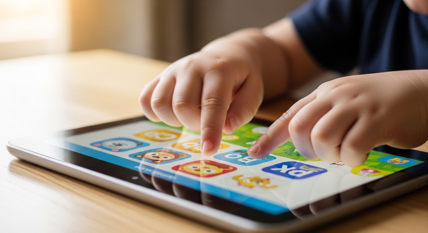 Manos de niño usando tableta con aplicación educativa