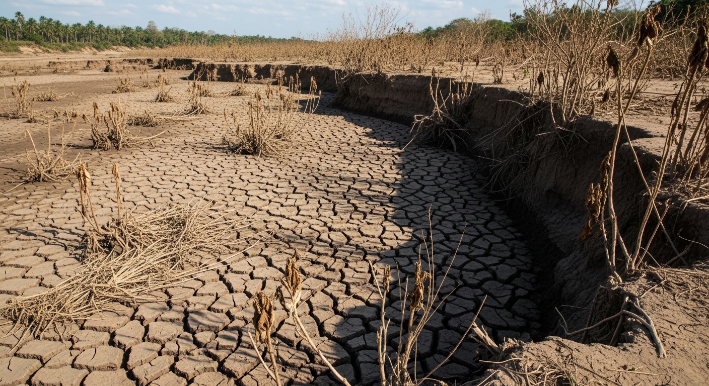 Leito de rio seco em região tropical durante seca severa