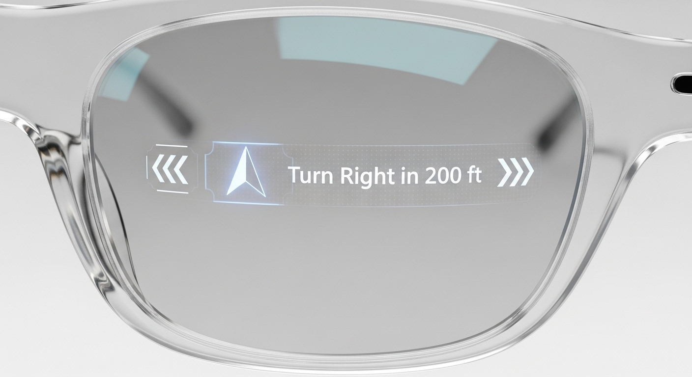 Close-up of AR glasses lens with digital overlay