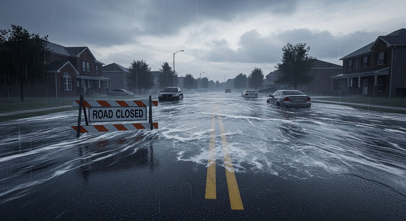 Flooded suburban street with road closed barrier