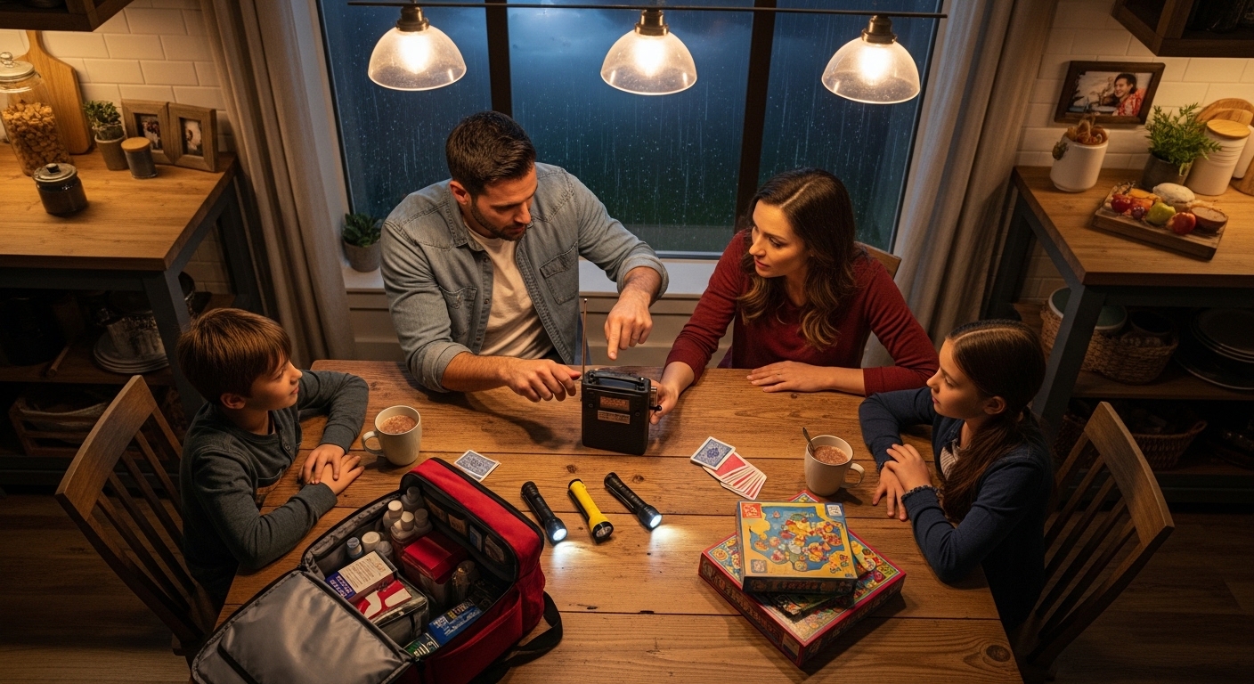 Family preparing emergency kit with weather radio