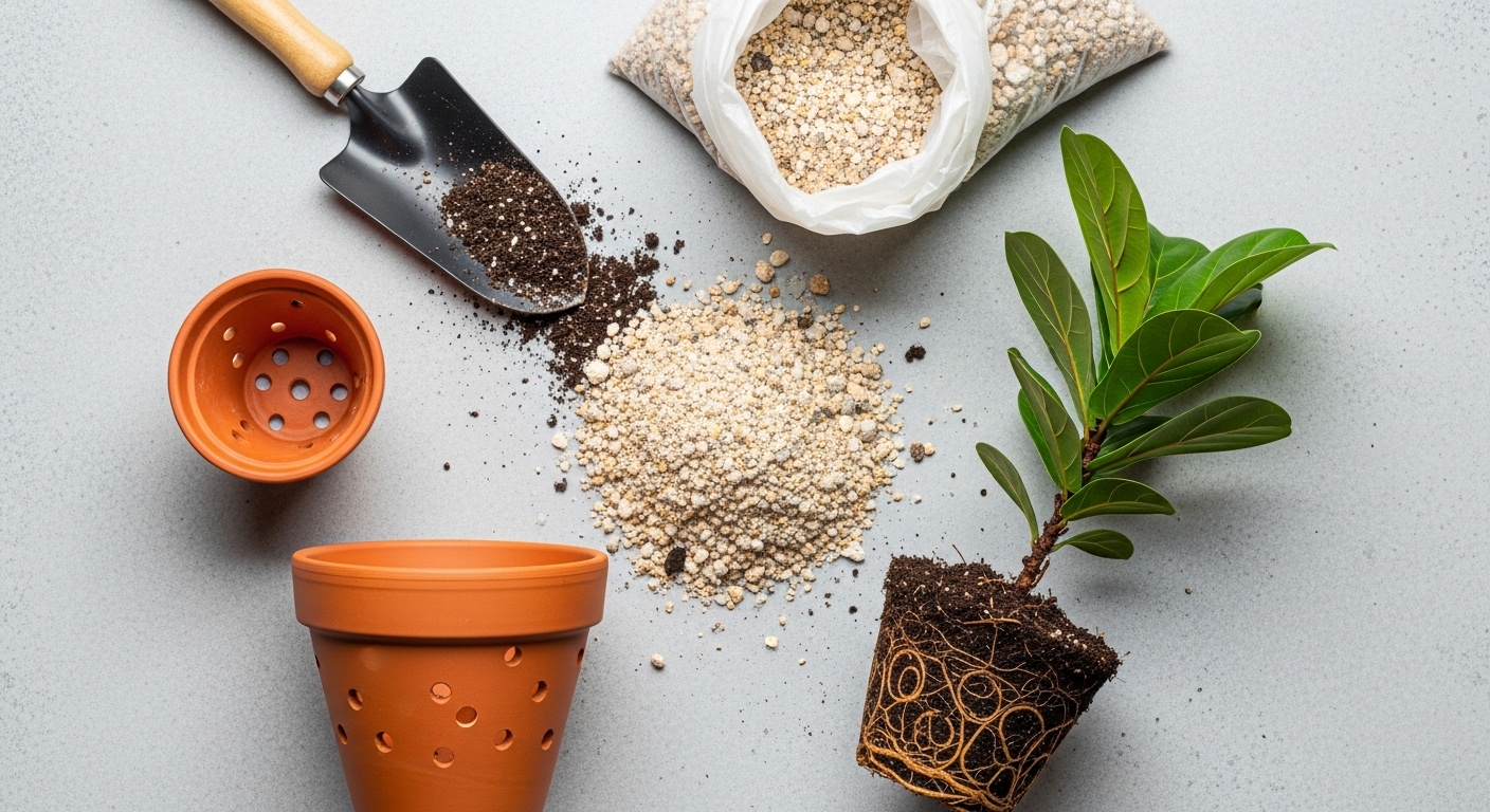 Flat lay of fiddle leaf fig repotting supplies on concrete surface