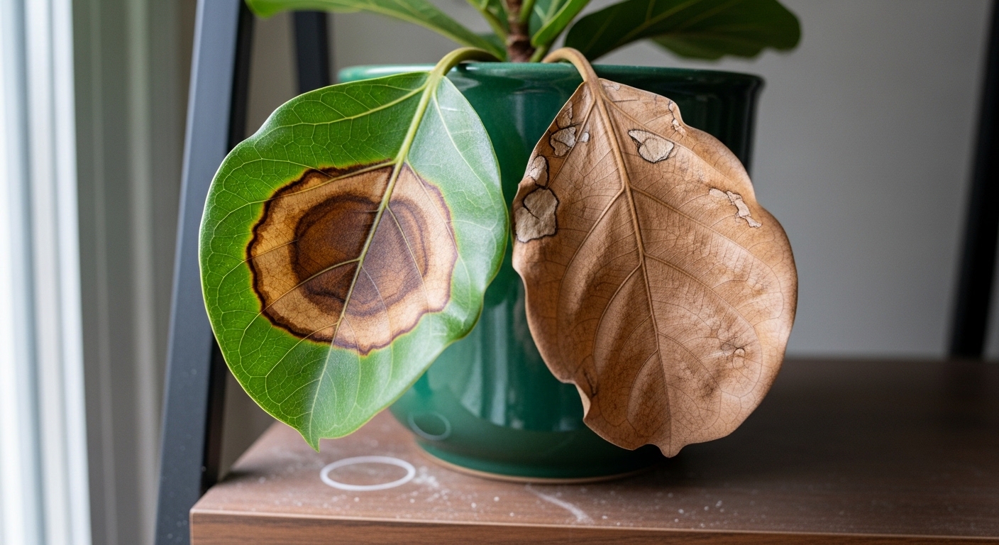 Fiddle leaf fig leaves showing overwatering and underwatering damage
