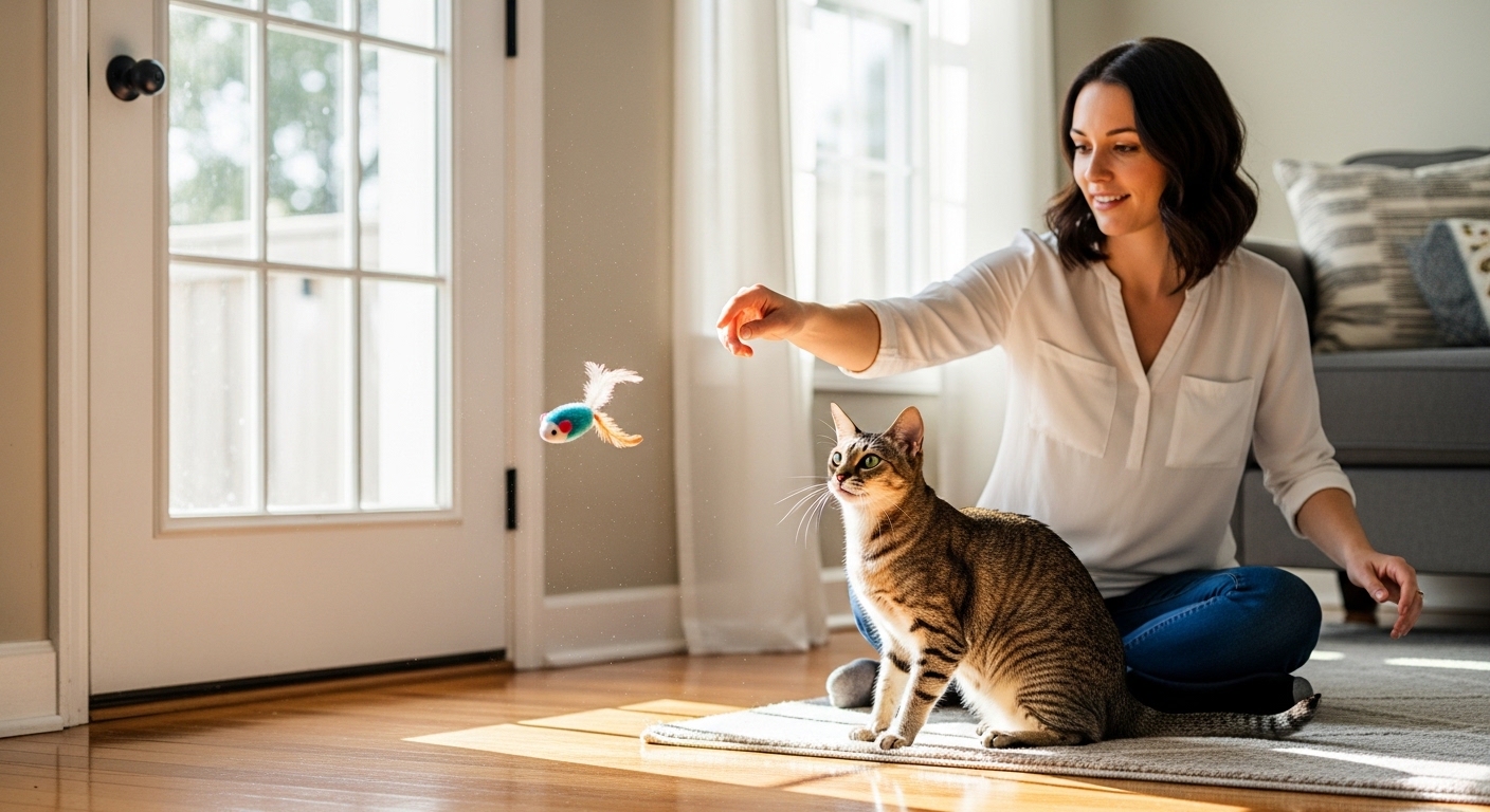 woman tossing toy near door to distract cat