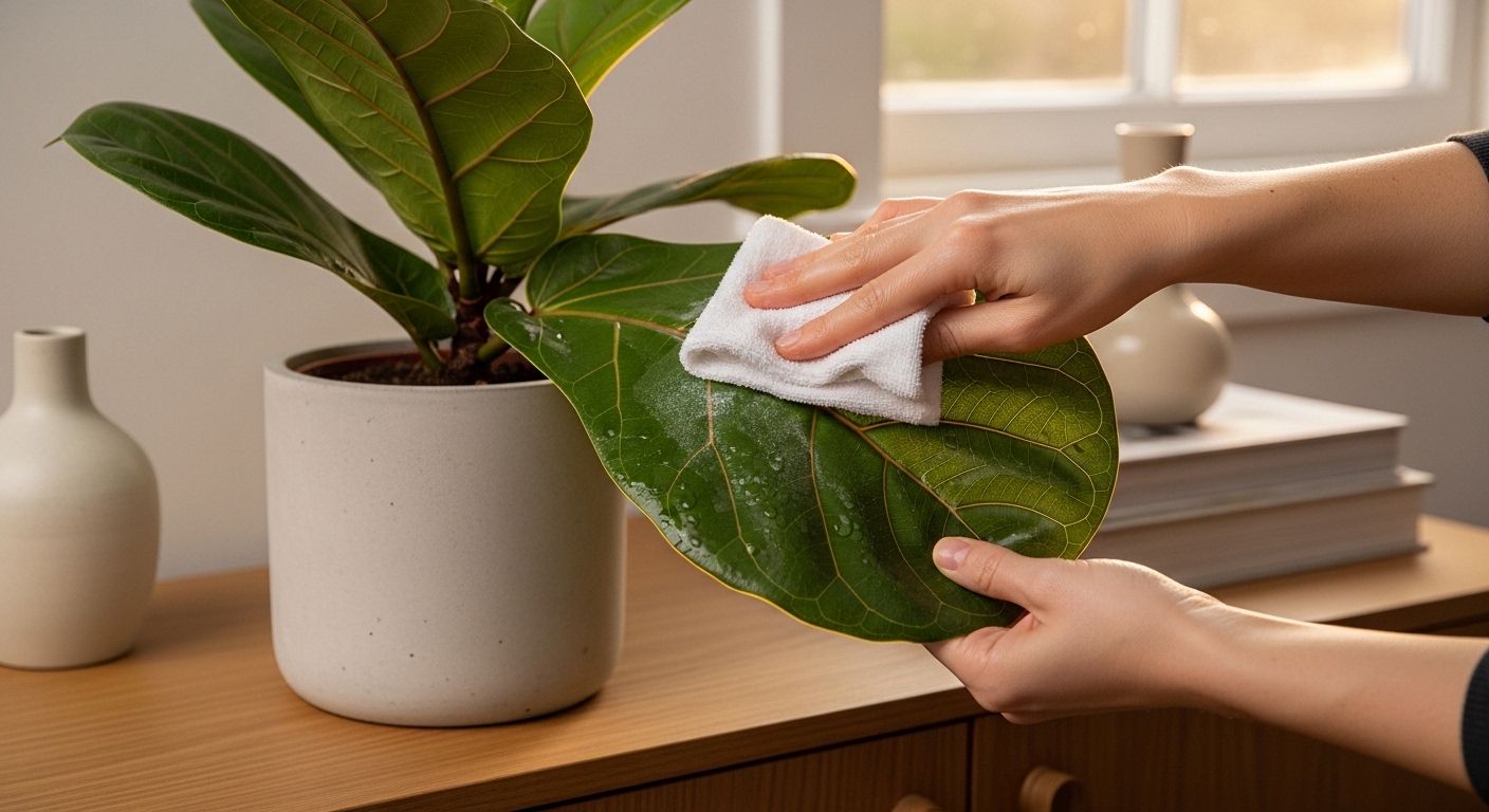 Person wiping dust from fiddle leaf fig leaf with damp cloth
