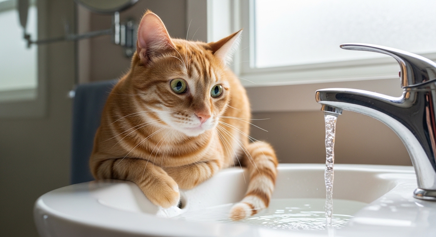 orange cat watching running faucet on bathroom sink
