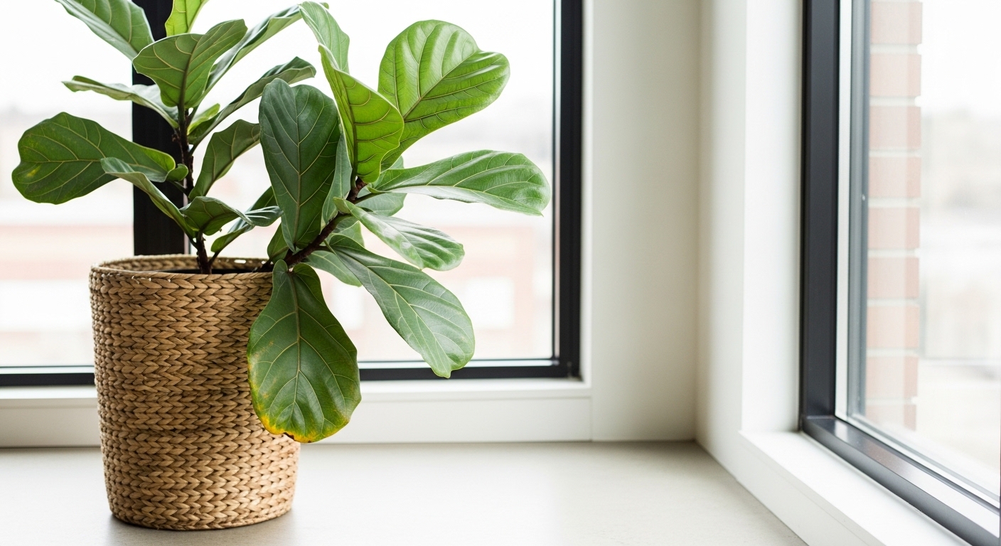 Fiddle leaf fig near corner windows in bright apartment light