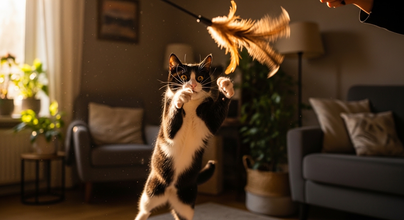 owner playing wand toy with black and white cat