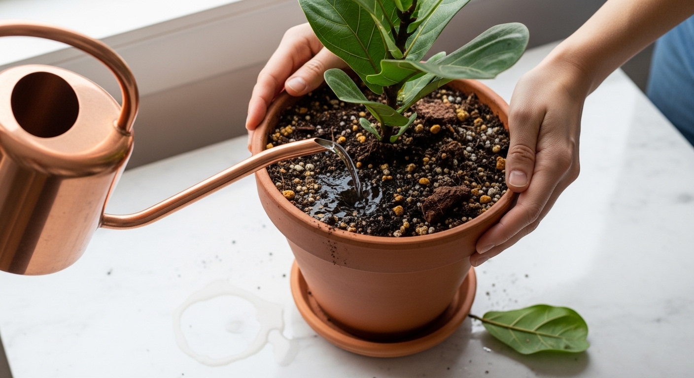 Hands watering fiddle leaf fig in terracotta pot with copper can