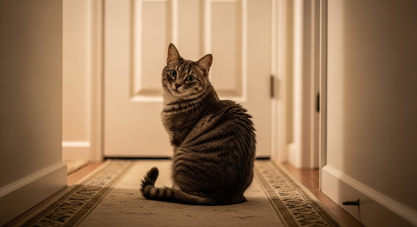 calm grey cat sitting patiently outside bathroom door