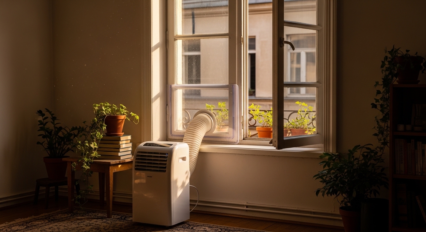 Installation d'un climatiseur mobile près d'une fenêtre française