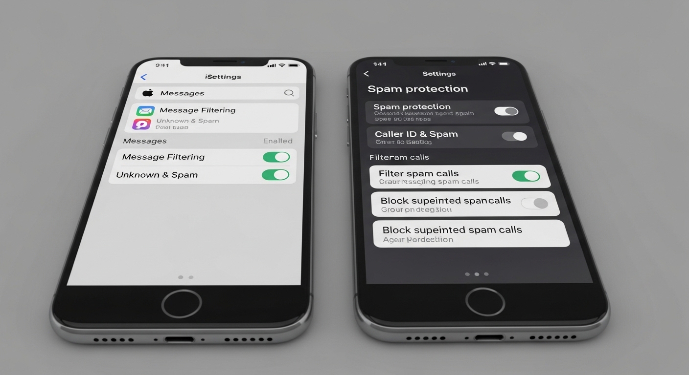 iOS and Android spam filter settings side by side