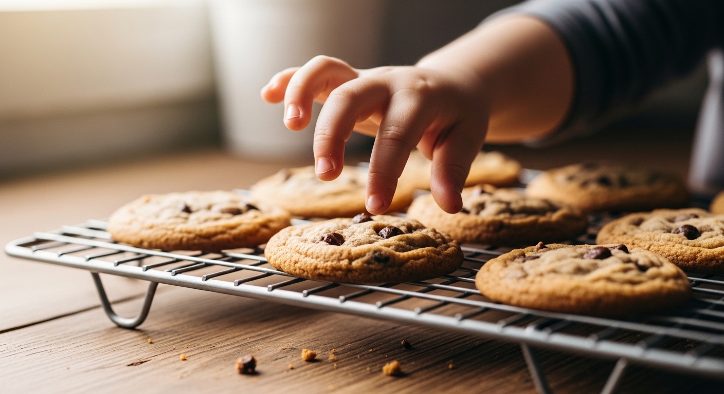 Child's hand reaching for a fresh chocolate chip cookie