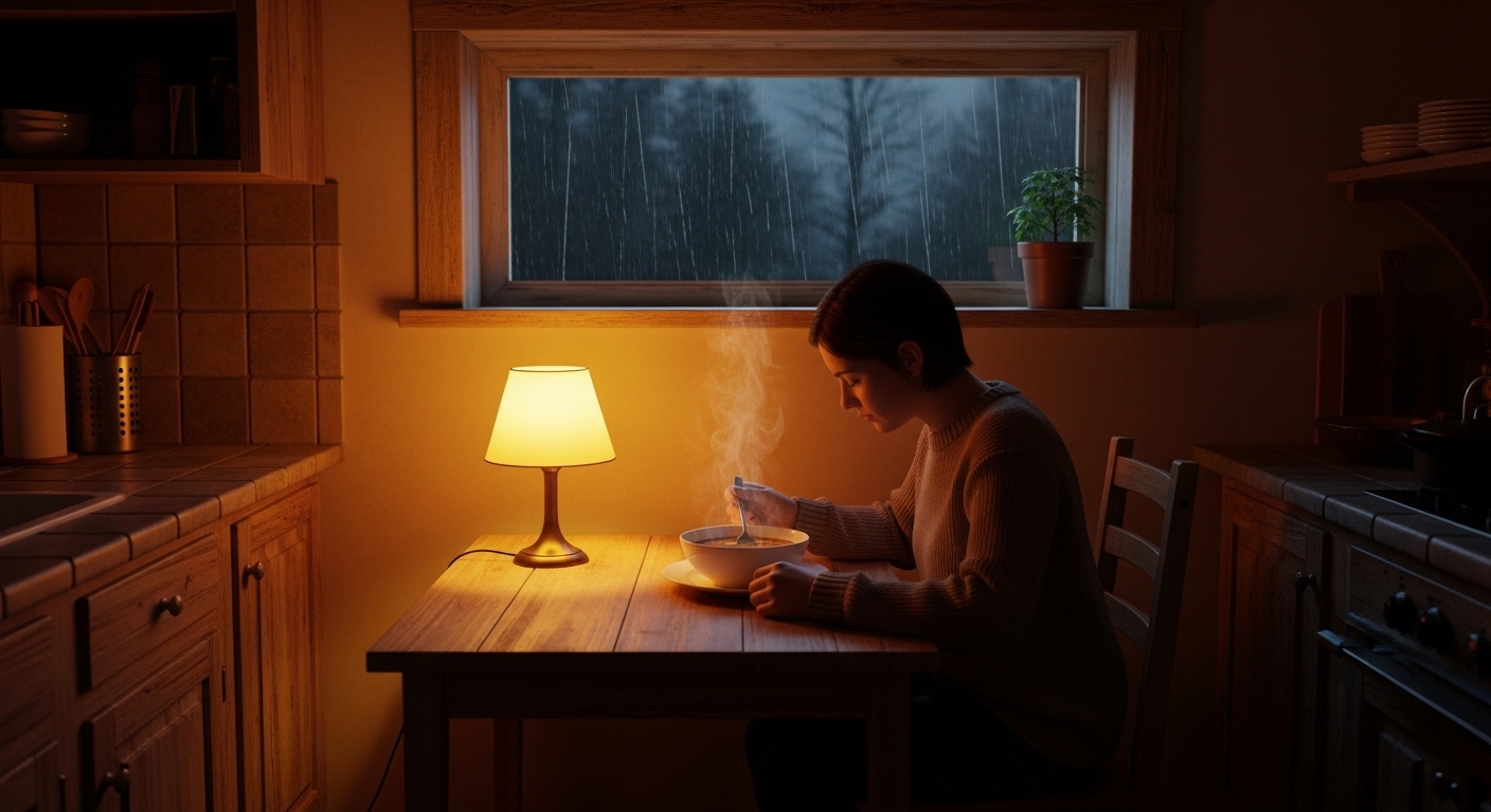 Person eating soup alone in a cozy kitchen at night