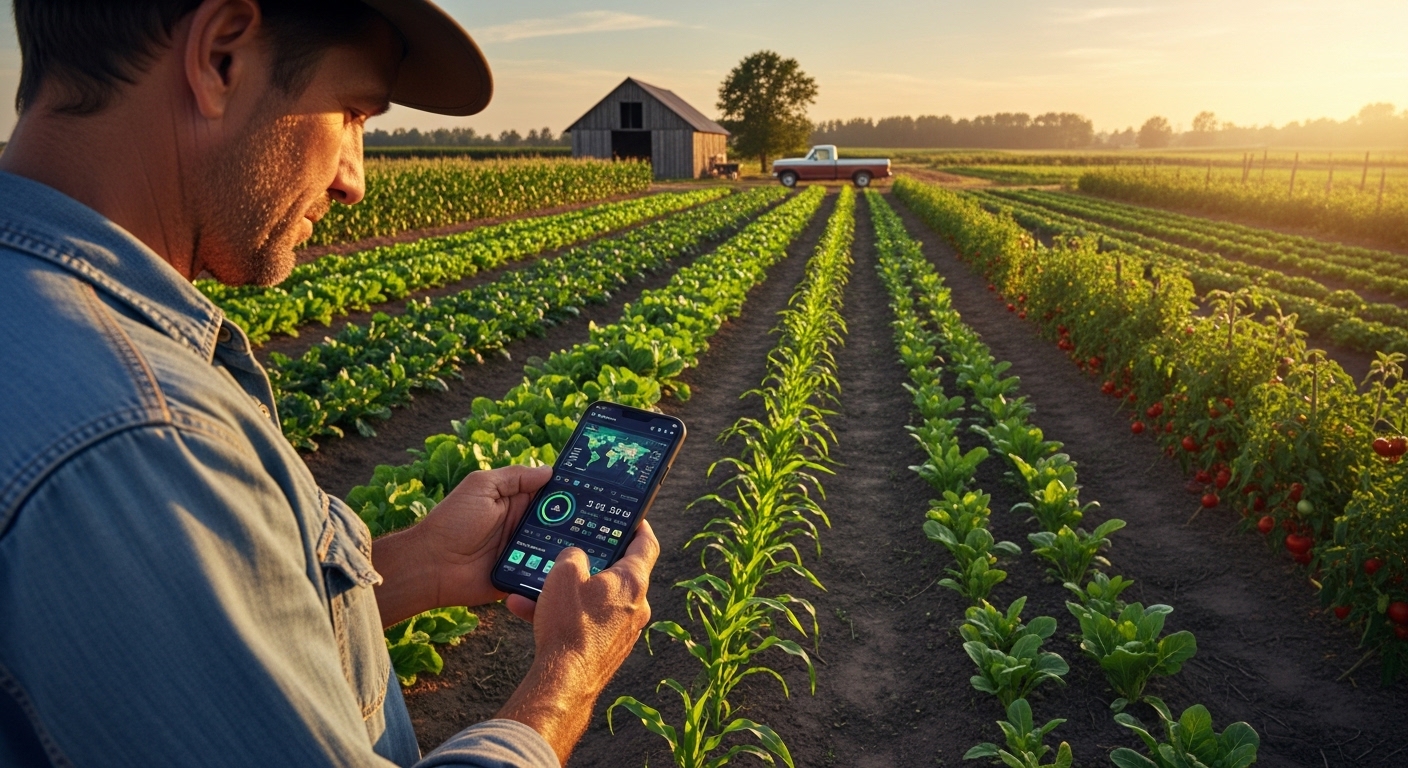 Agriculteur consultant des données IA sur smartphone