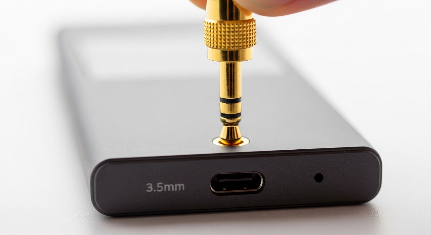 Gold-plated headphone jack plugged into audio player